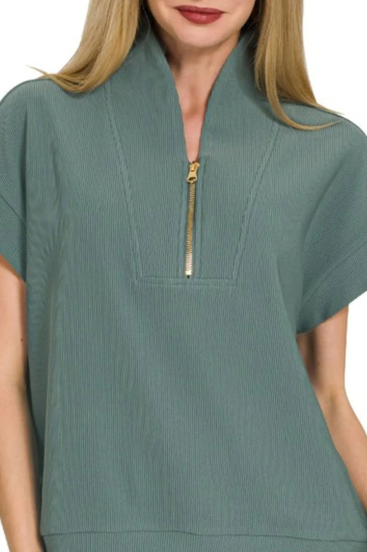Zenana Ribbed High Neck Half Zip Top