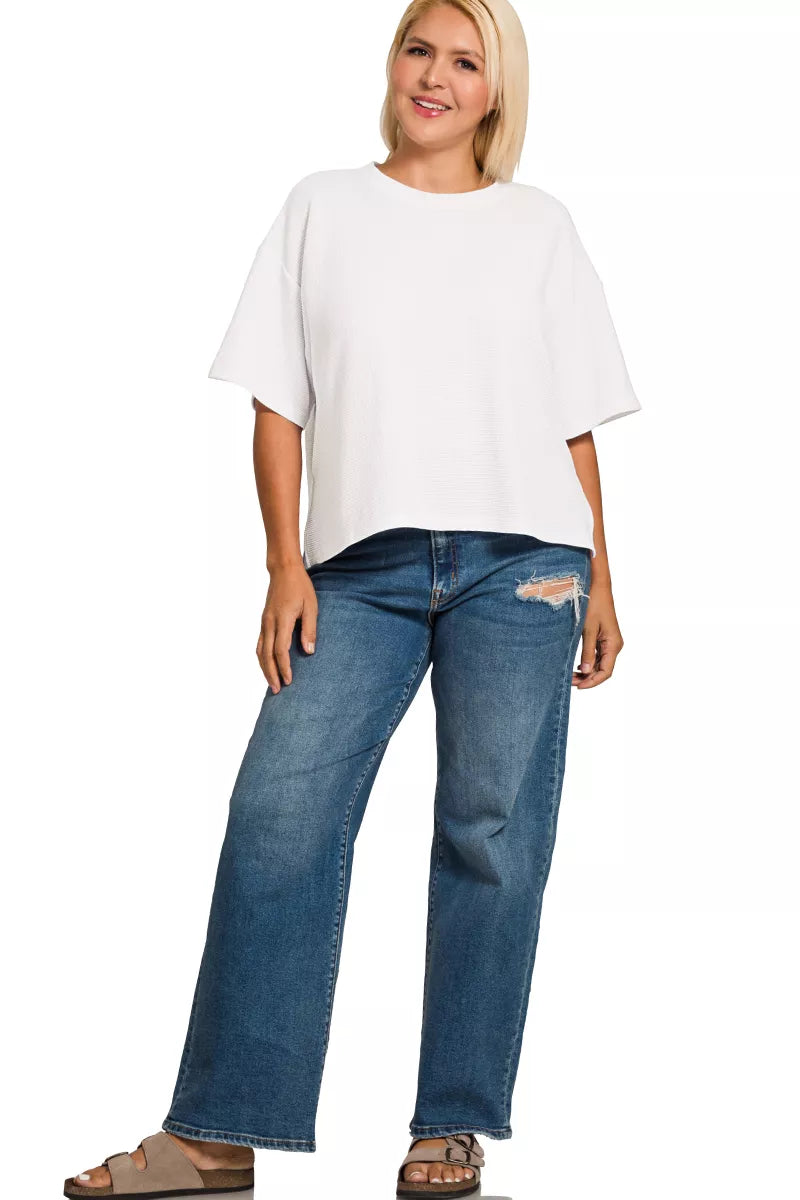Zenana Full Size Double Knit Side Slits Hi Low Short Sleeve Top Plus Size