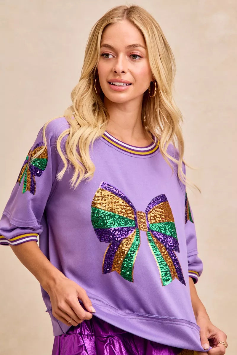 BiBi Mardi Gras Theme Ribbon Sequin Patched Top