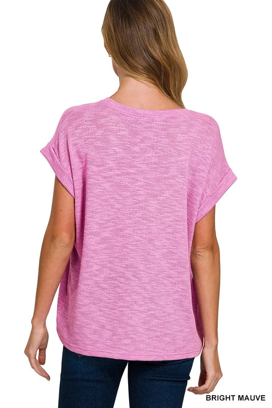 Zenana Hacci Slub Rolled Up Sleeve Tee