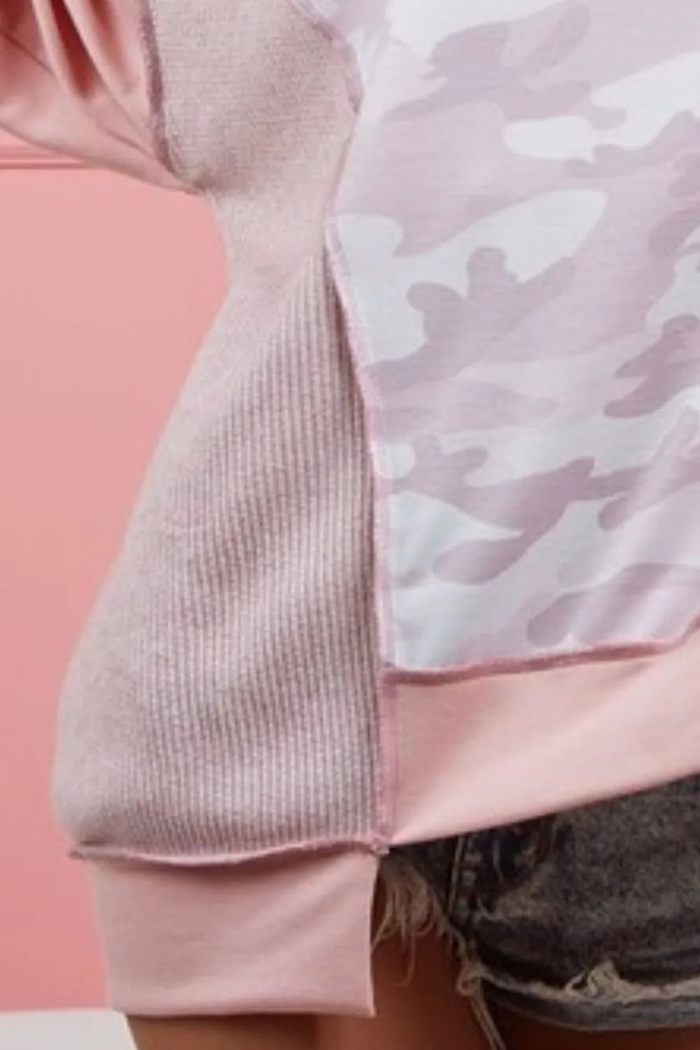 BiBi Camo Printed French Terry Knit Color Block Top