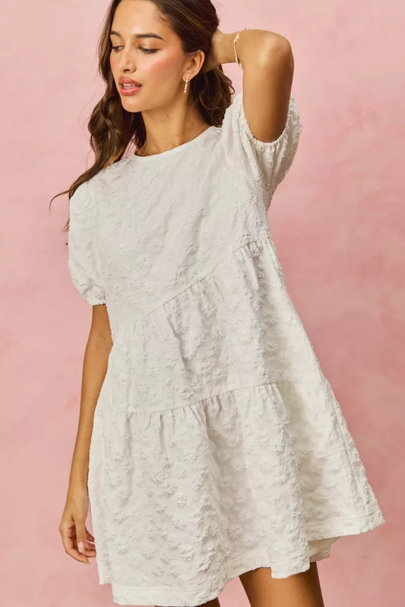 SO ME Floral Jacquard Diagnol Tiered Short Mini Dress