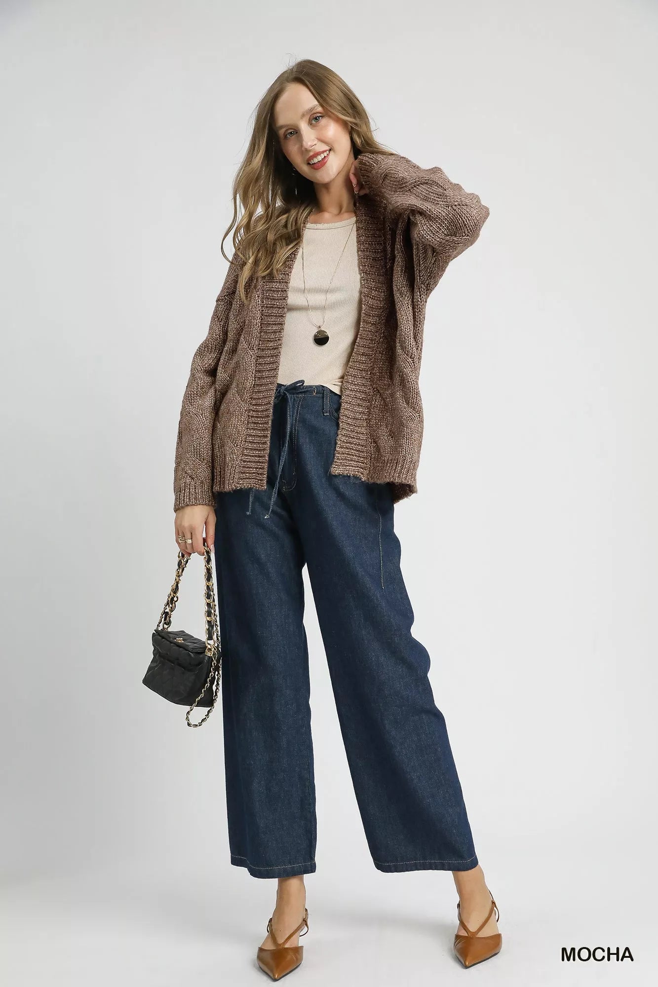 Umgee Chunky Cable Knit Open Front Cardigan