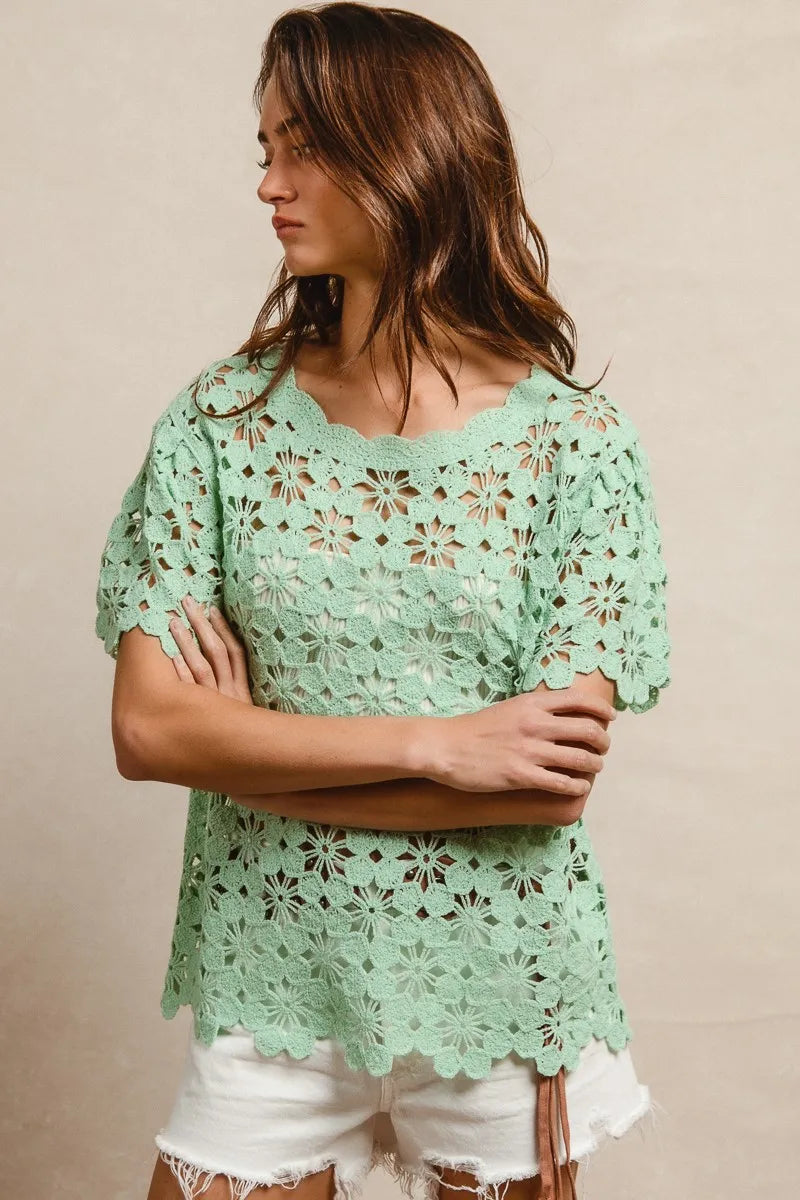 BiBi Openwork Crochet Short Sleeve Knit Top