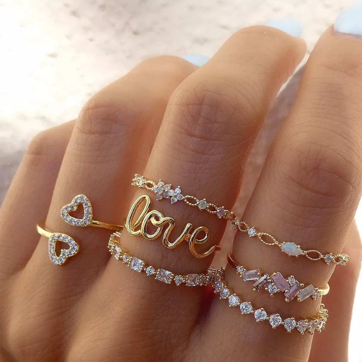 7 Piece 18K Gold-Plated LOVE Zircon Ring Set