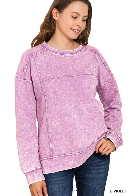 Zenana Acid Wash French Terry Exposed-Seam Pullover