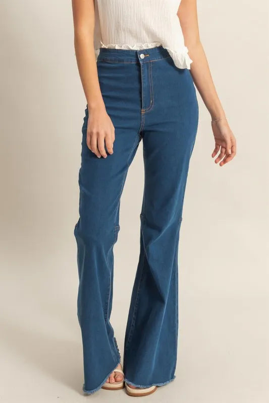 HYFVE Raw Hem High-Waist Washed Flared Jeans