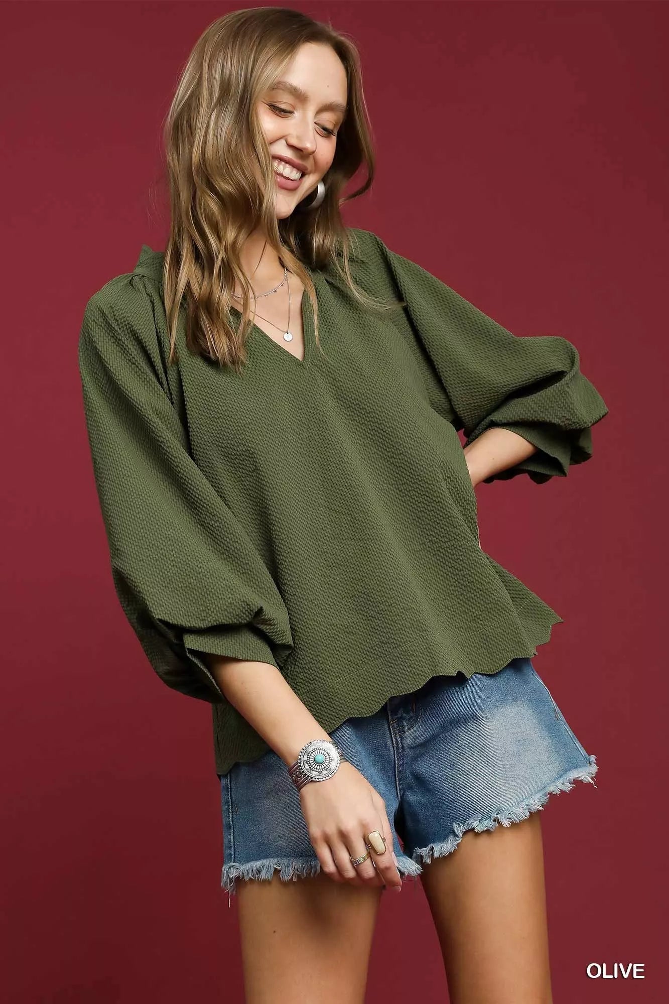 Umgee Full Size Textured Notched Balloon Sleeve Blouse Plus Size