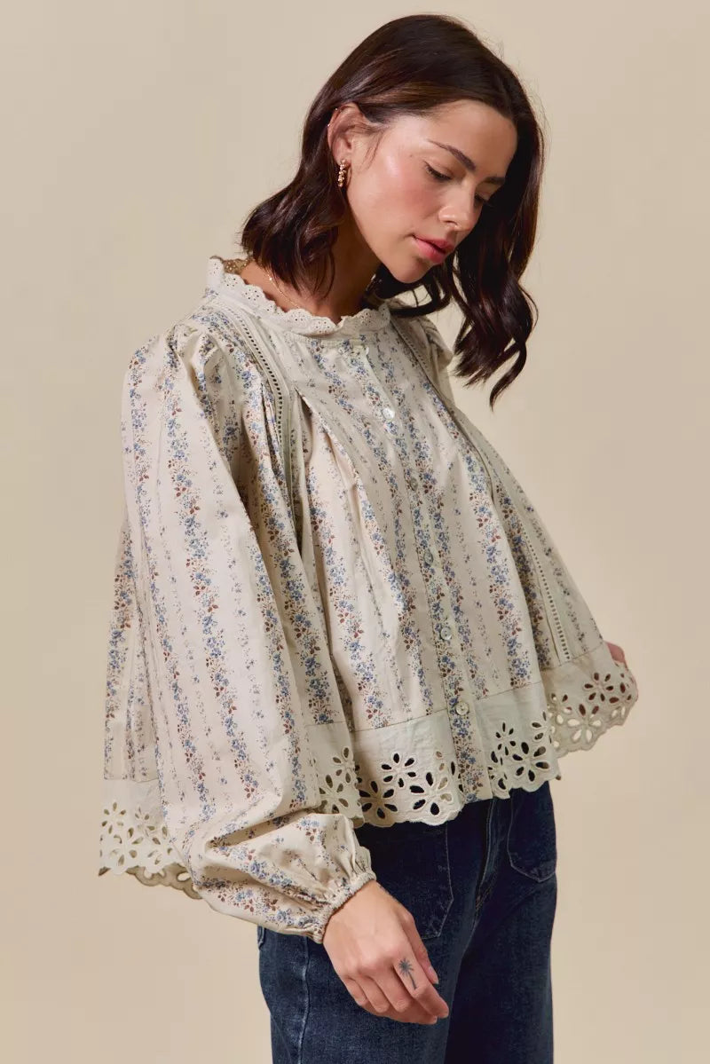 SO ME Floral Print Lace Button Down Shirt