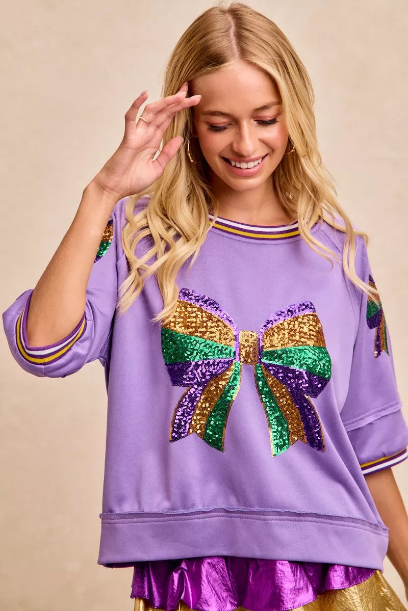 BiBi Mardi Gras Theme Ribbon Sequin Patched Top