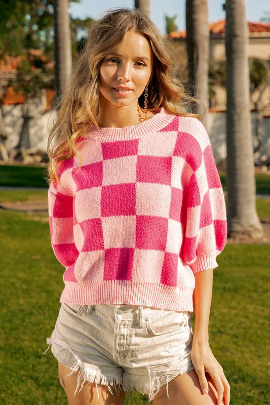 BiBi Check Pattern Short Puff Sleeve Sweater Top