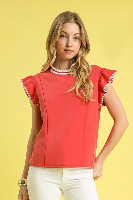 Umgee Contrast Trim Ruffle Cap Sleeve Blouse