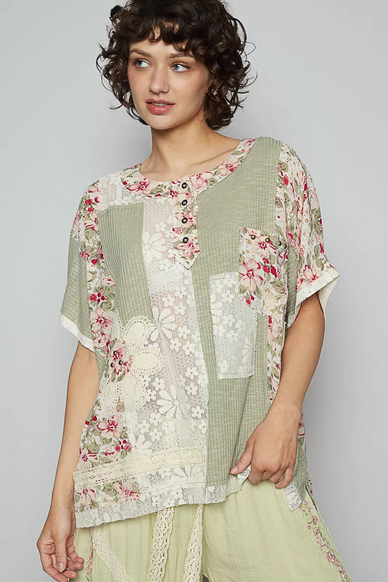 POL Lace Round Neck Short Sleeve Floral Pattern Top with Patch Detail