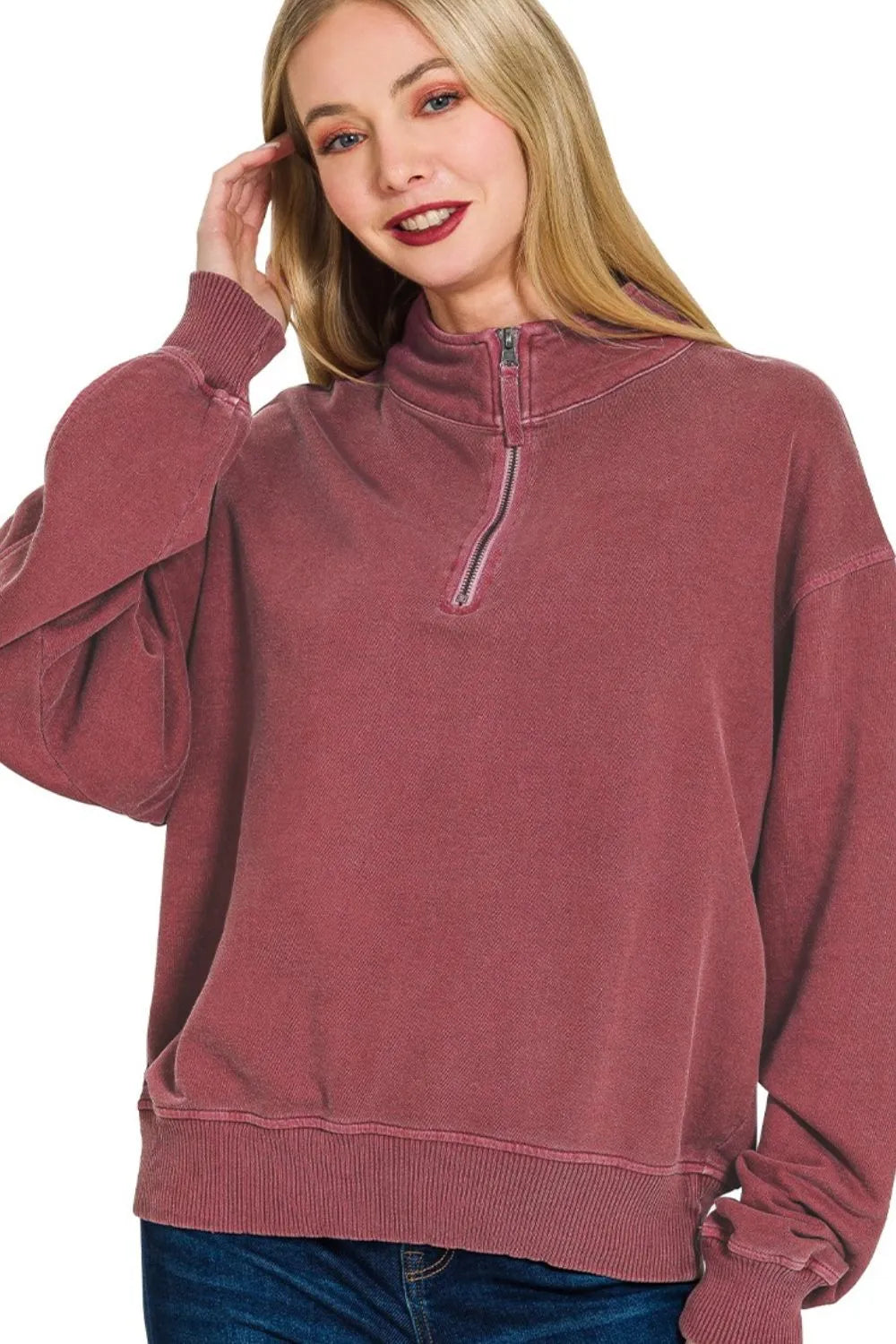 Zenana F/terry Pigment Dye & Enzyme Washing Half Zip Top