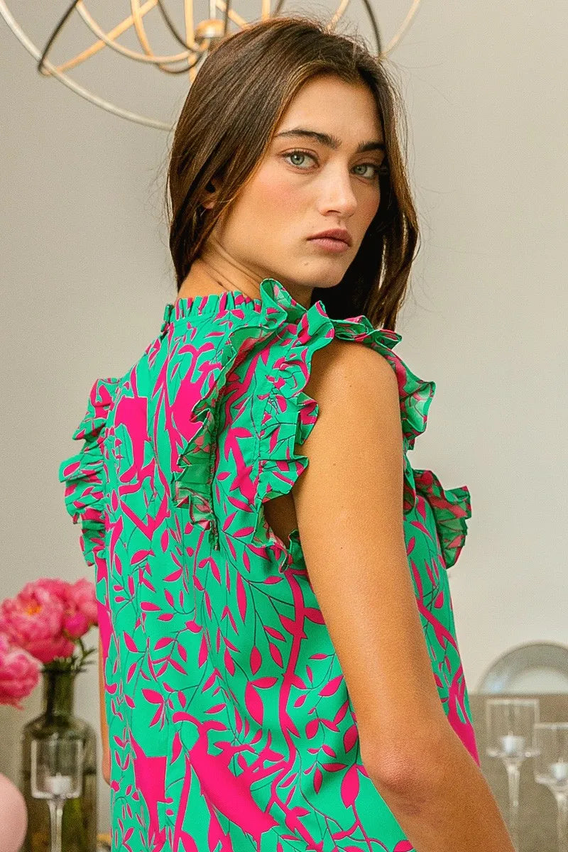 BiBi Leopard Leaves Print Woven Top