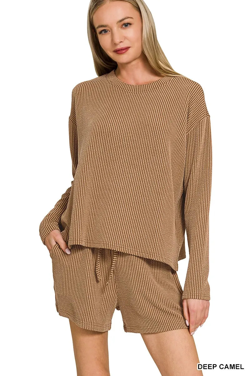 Zenana Corded Rib Long Sleeve Tee and Shorts Set