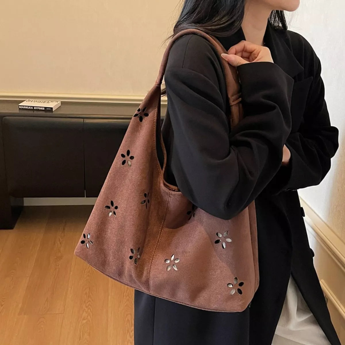 Floral Cutout Corduroy Shoulder Bag