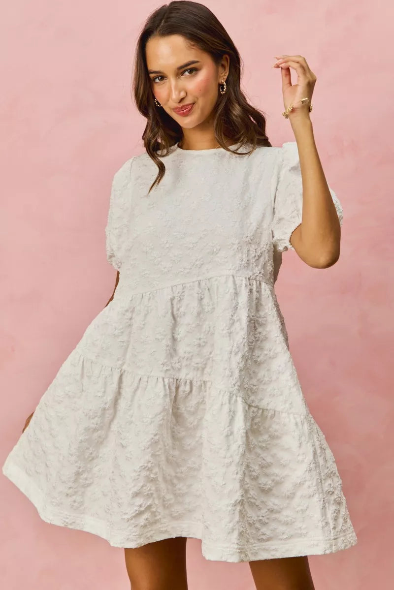 SO ME Floral Jacquard Diagnol Tiered Short Mini Dress