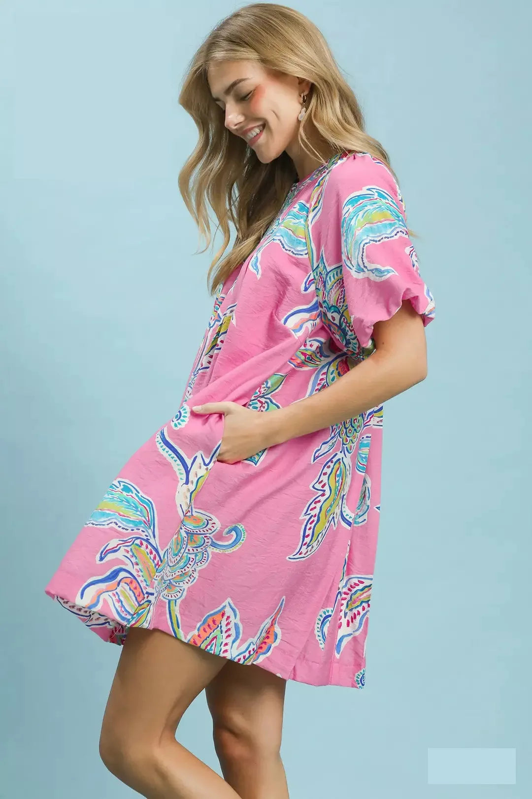 Umgee Boho Floral Print Mini Dress with Pockets