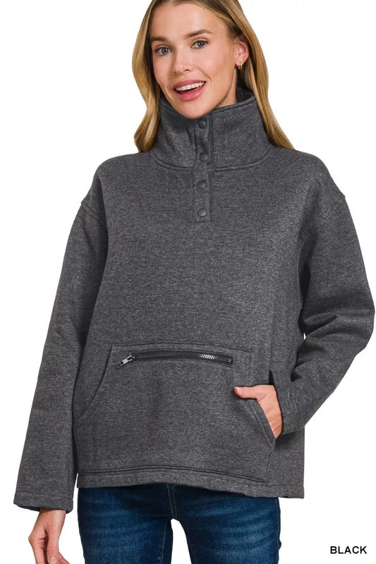 Zenana Fleece Washed High Neck Kangaroo Pocket Sweatshirt