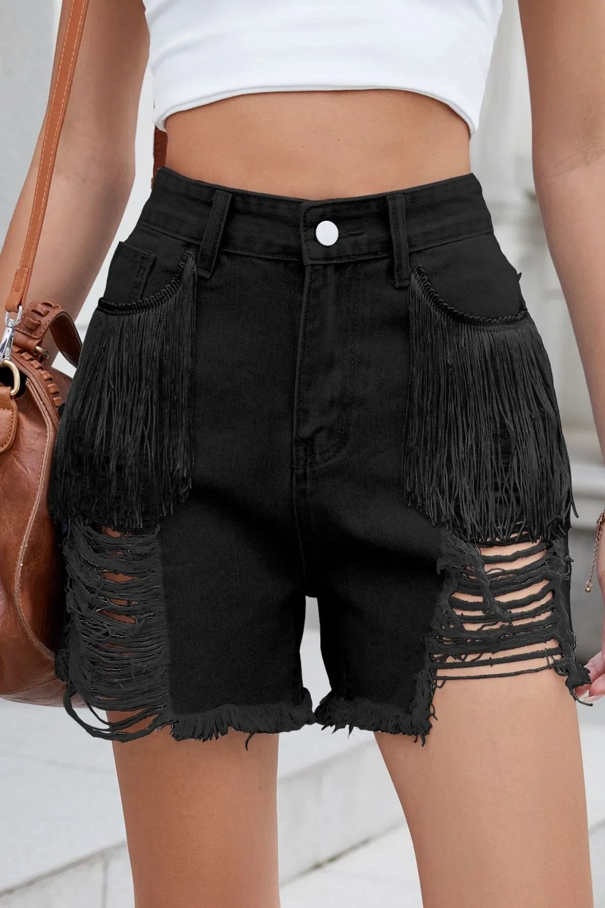 Distressed Fringe Denim Shorts