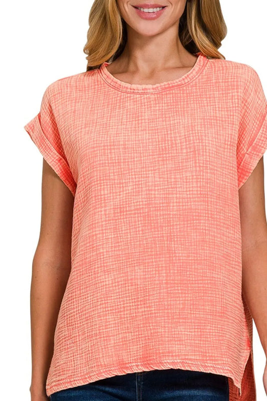 Zenana Woven Double Gauze Acid Washed Short Sleeve Top