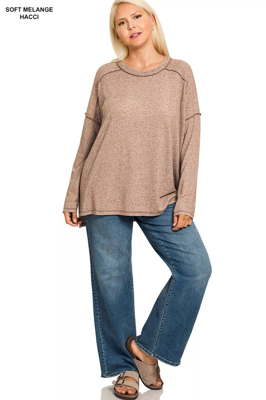 Zenana Full Size Melange Hacci Exposed Seam Hi-low Tee Plus Size