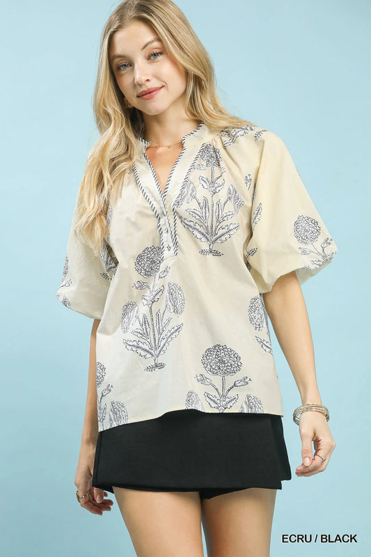 Umgee Floral Print V-Neck Top
