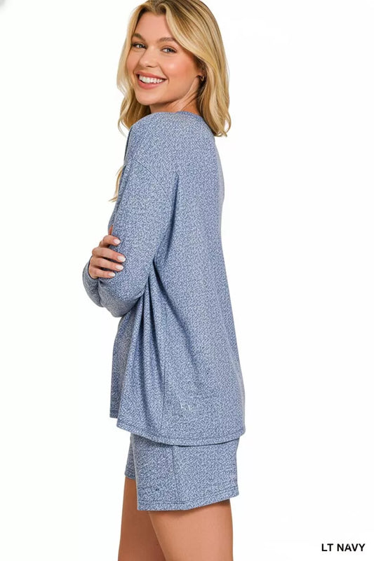 Zenana Soft Melange Long Sleeve Tee and Shorts Set