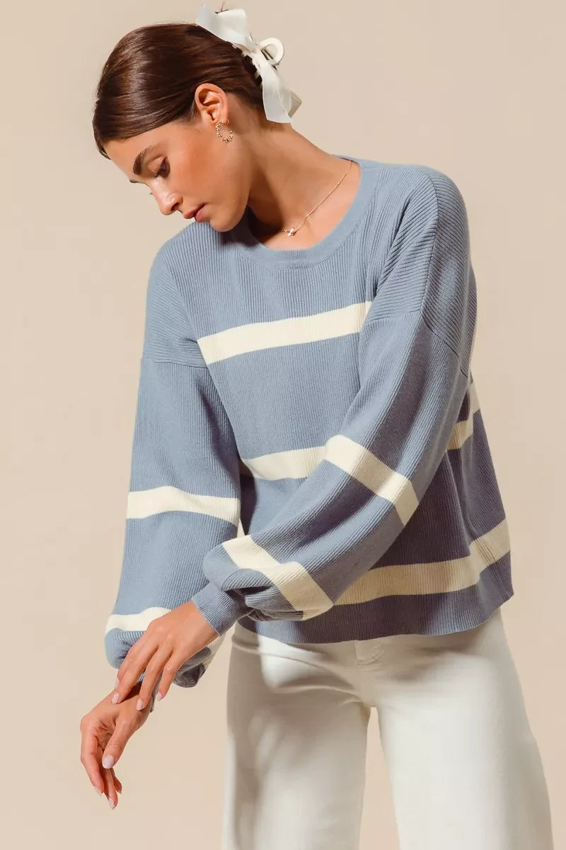 SO ME Ribbed Striped Round Neck Sweater