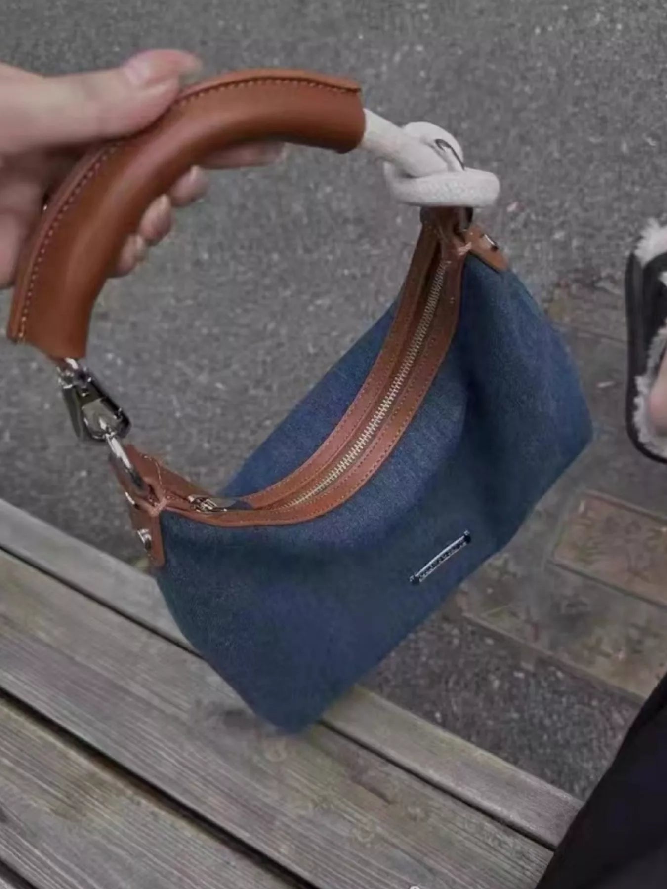 Denim Shoulder Bag with Leather Handle