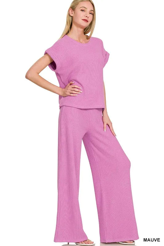 Zenana Rolled Sleeve Top and Pants Sweater Set