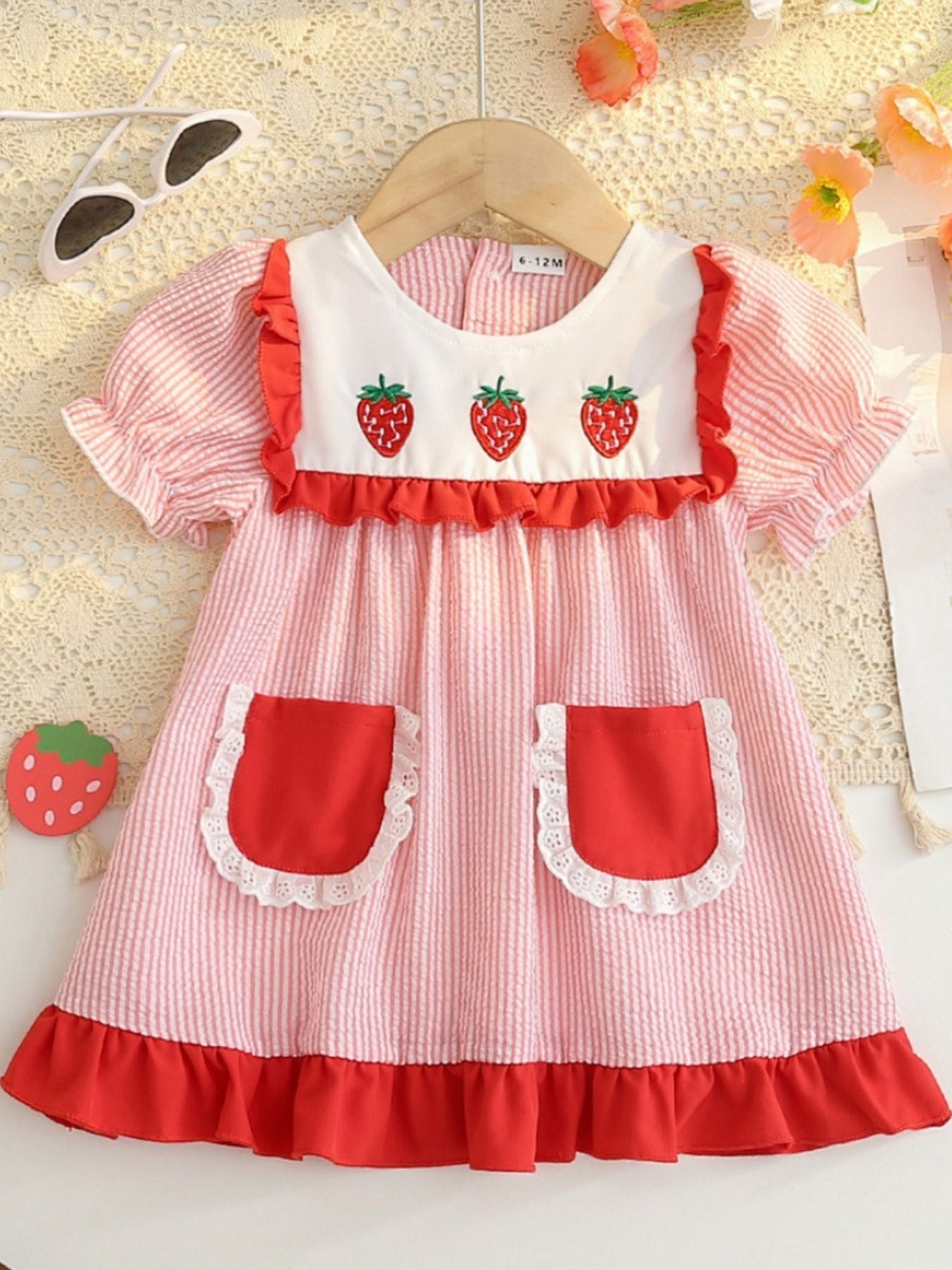 Children's Fruit Embroidered Striped Short Sleeve Dress