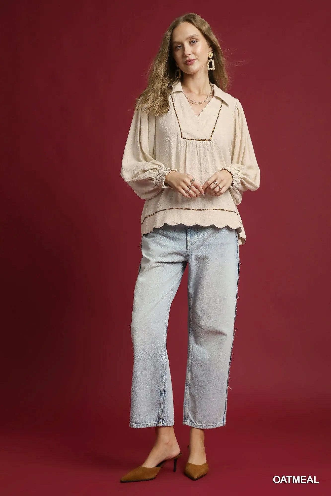 Umgee Full Size Linen Scallop Hem Blouse with Contrast Trim Plus Size