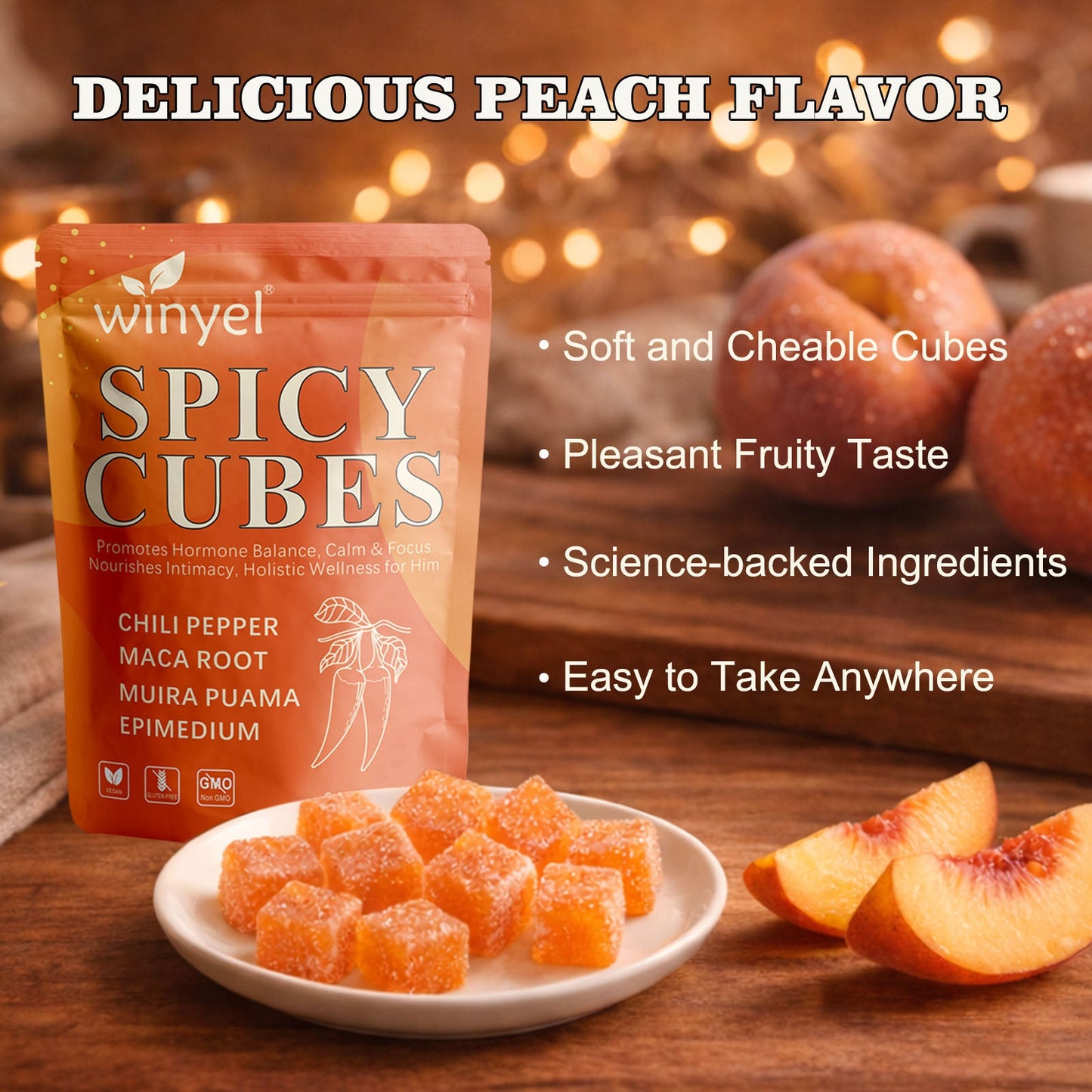 Spicy Cubes, Intimacy Gummies With Chili Pepper, Muira Puama, Maca Root, Epimedium, Helps Promote Hormone Balance, Calmness And Intimacy Wellness, Peach Flavor, 30 Gummies S