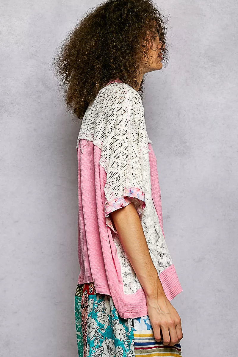 POL Floral Patchwork Lace Accent Blouse