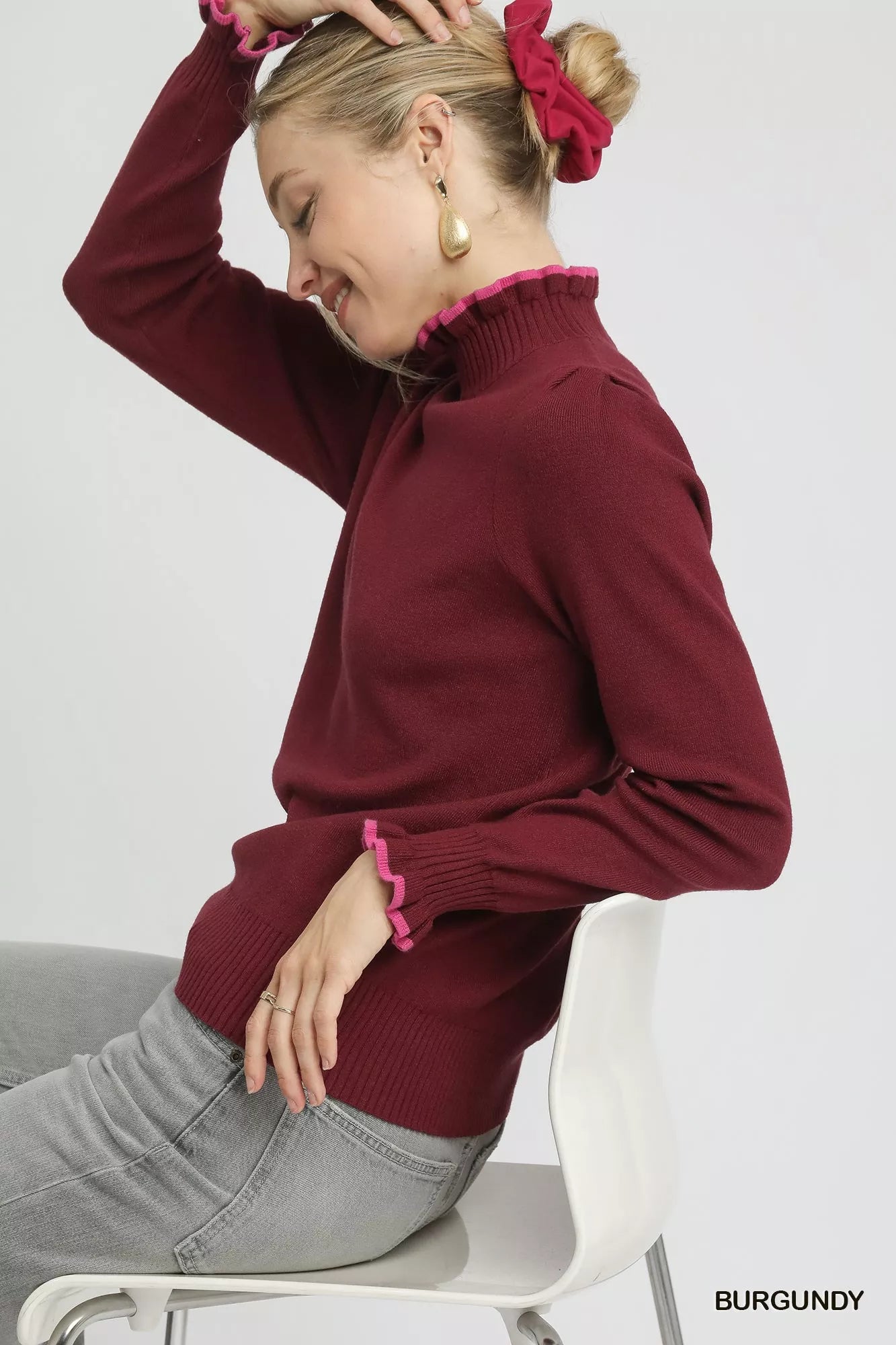 Umgee Ribbed Round Neck Sweater with Ruffle Contrast Trim