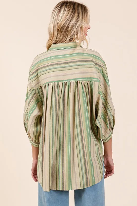 Mittoshop Striped Bubble Sleeve Button Down Shirt