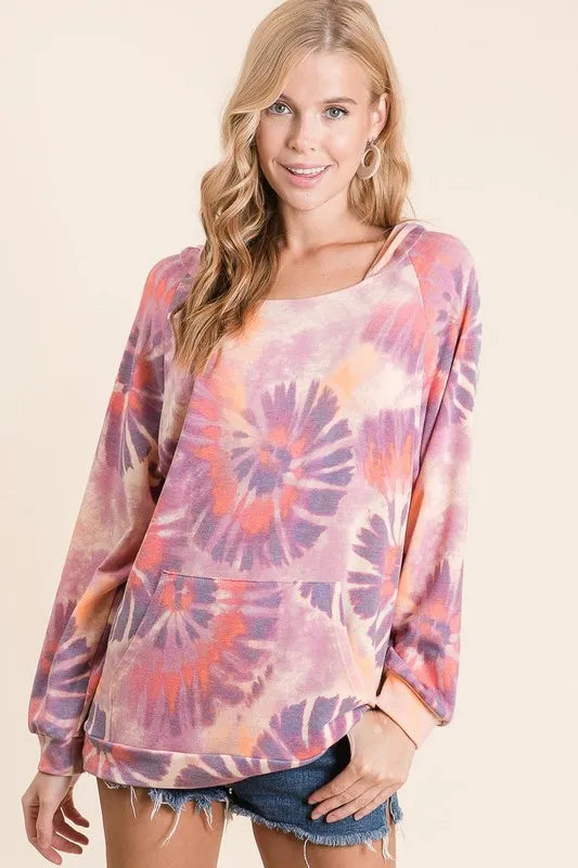 BiBi Circular Tie Dye Print Terry Hoodie with Kangaroo