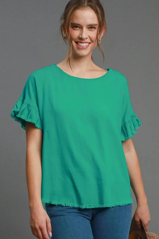 Umgee Full Size Raw Hem Ruffle Short Sleeve Blouse Plus Size