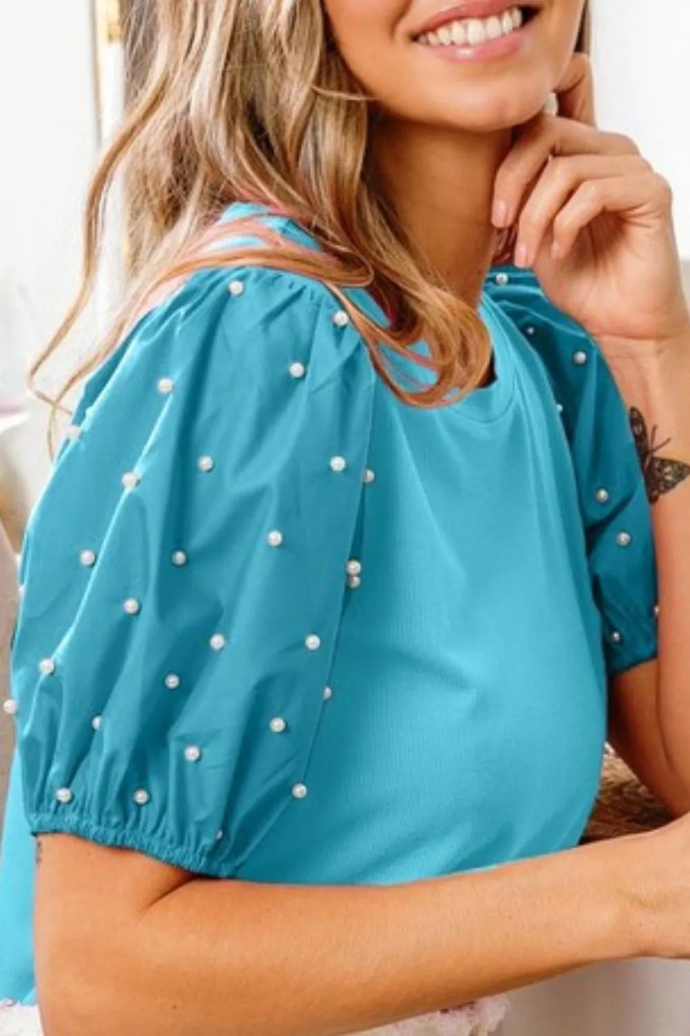 BiBi Pearl Beaded Short Puff Sleeve Top