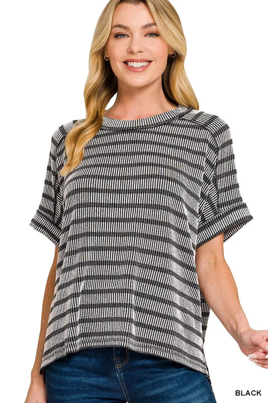 Zenana Raised Rib Striped Exposed Seam Top