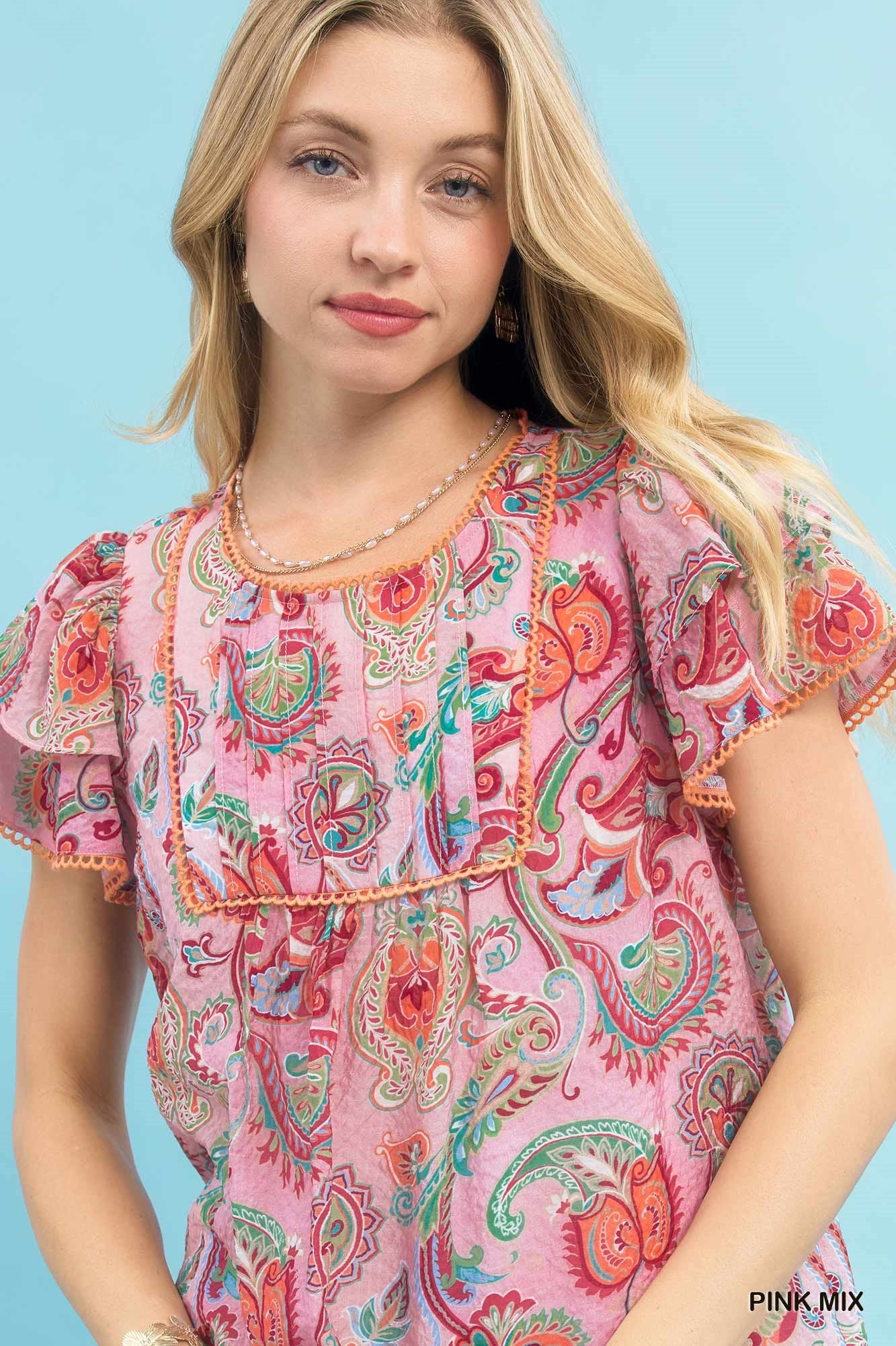 Umgee Mix Paisley Ruffle Sleeve Top