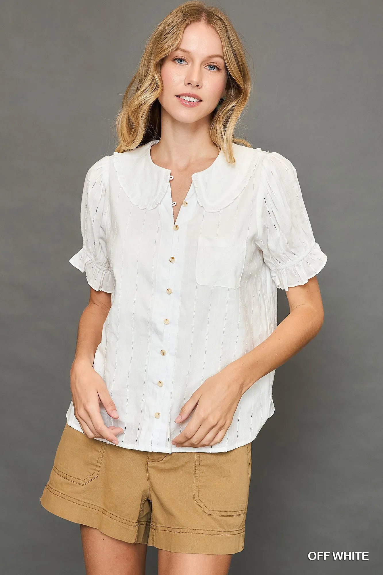 Umgee Peter Pan Collared Button Down Textured Shirt with Ruffled Detail
