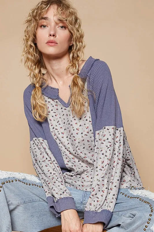 POL Waffle Knit Floral Notched Long Sleeve Top