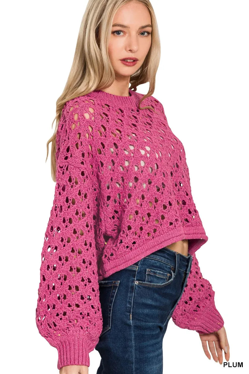 Zenana Oversized Cropped Crochet Knit Sweater