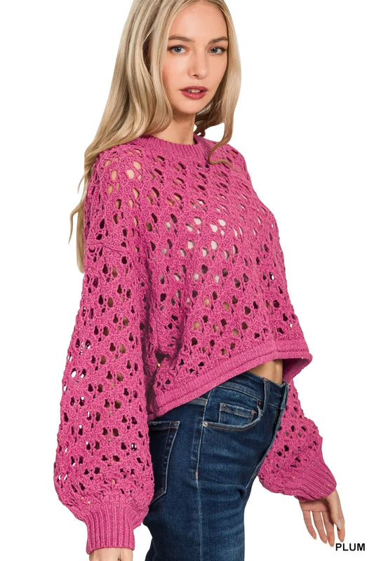 Zenana Oversized Cropped Crochet Knit Sweater