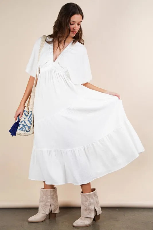 VERY J Mineral Washed Elastic Neck Detail Midi Dress