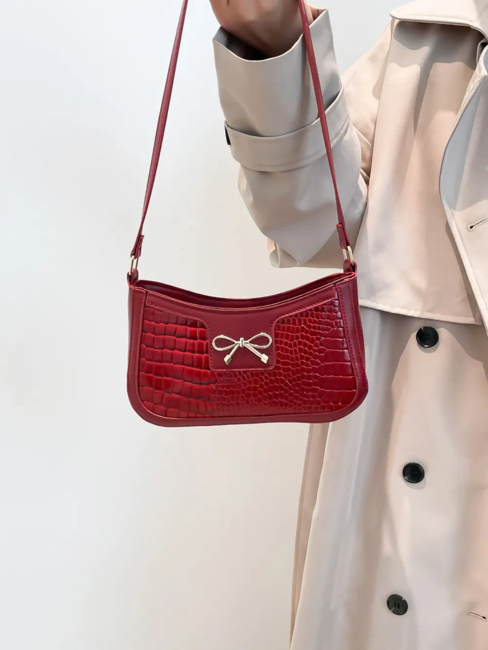 Crocodile Pattern Shoulder Bag with Bow Detail