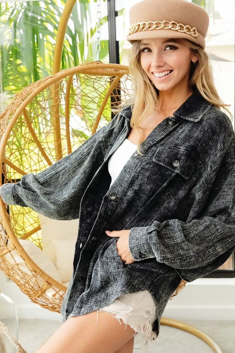 BiBi Vintage Washed Wrinkle Gauze Shacket